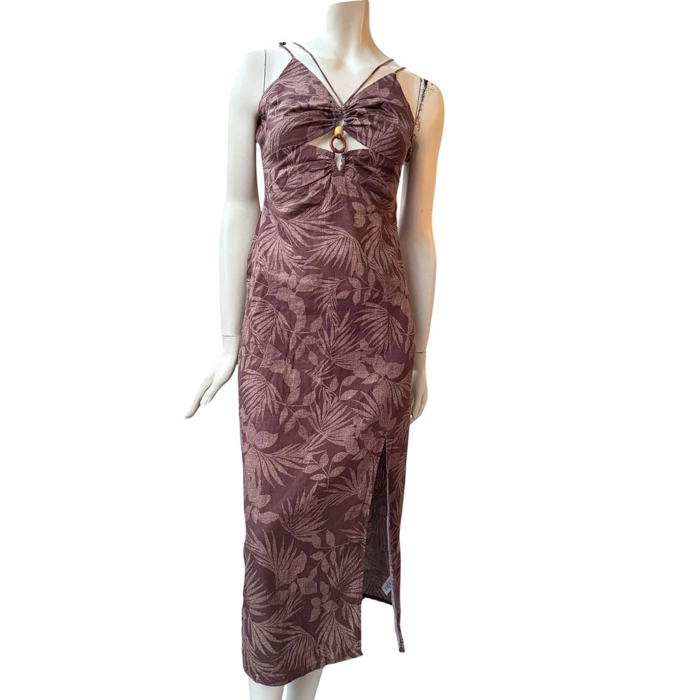 Joe Fresh Tropical Palm Midi Dress Cutout Strappy Back Plum Boho Summer Sz 2